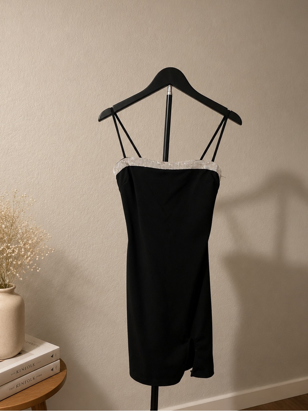 Black Strappy Mini Dress with Silver Trim
